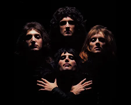 Queen - the band in the iconic quartet pose for Bohemian Rhapsody