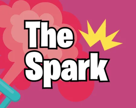 The Spark logo and a graphic of a bubbling flask on a magenta background