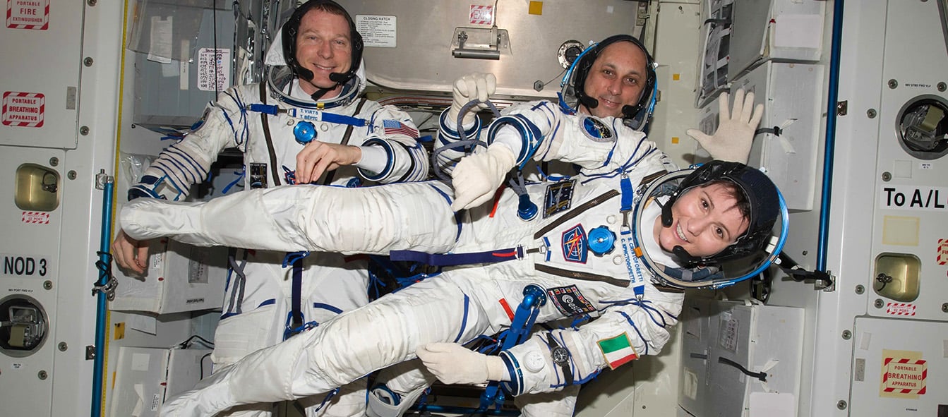 NASA astronaut Terry Virts (left) Commander of Expedition 43 on the ISS along with crewmates Russian cosmonaut Anton Shkaplerov (center) and ESA astronaut Samantha Cristoforetti on May 6, 2015 perform a checkout of their Russian Soyuz spacesuits in preparation for the journey back to Earth (image credit: NASA)