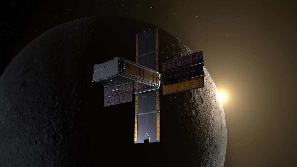 An artist's impression of NASA’s BioSentinel – a shoebox-sized CubeSat – travelling around the surface of the Moon. Image credit: NASA