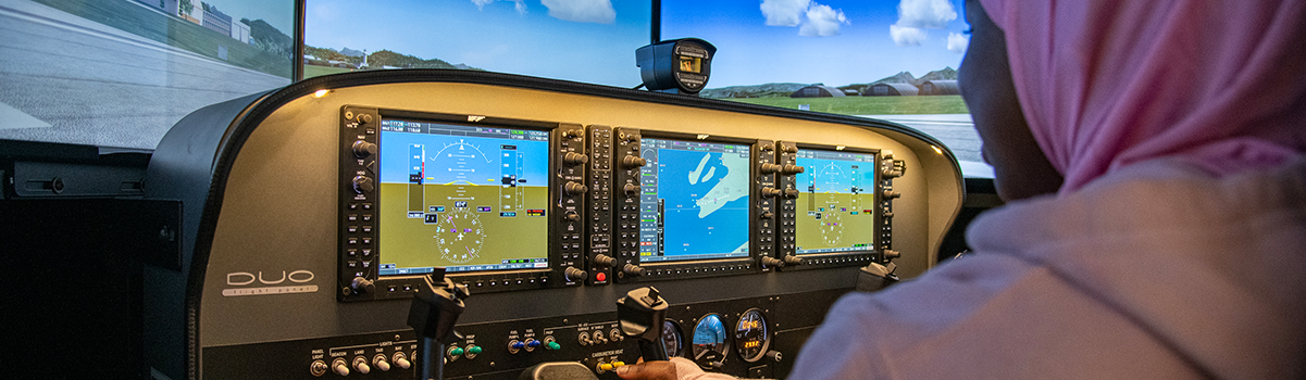 a person takes control of the flight simulator