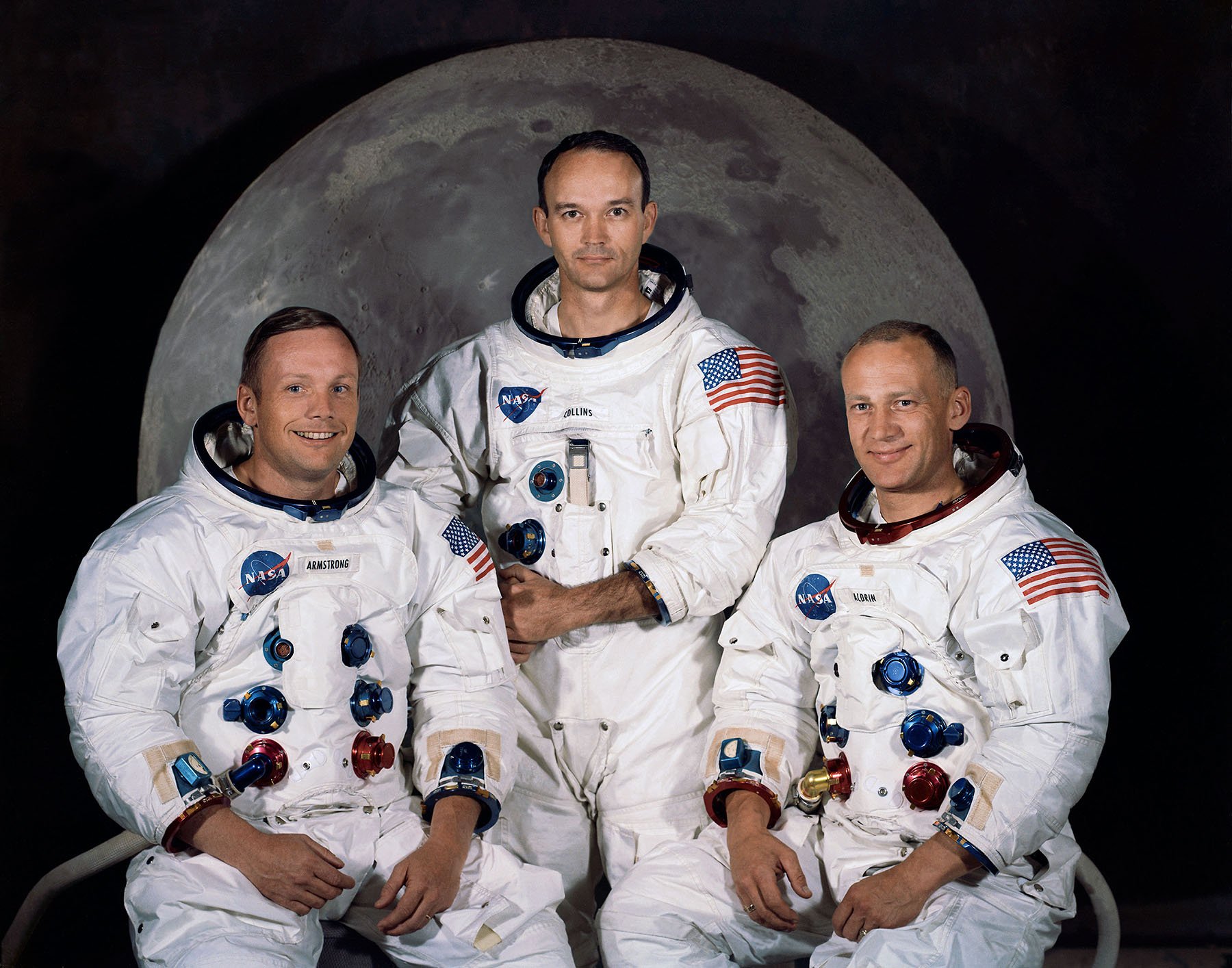 Official crew photo of the Apollo 11 Prime Crew. From left to right are astronauts Neil A. Armstrong, Commander; Michael Collins, Command Module Pilot; and Edwin E. Aldrin Jr., Lunar Module Pilot. Image credit: NASA