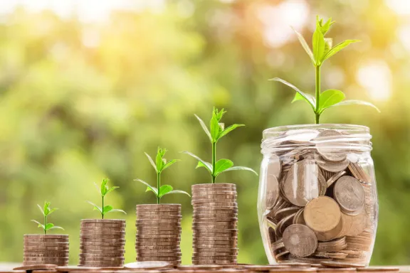 Stacks of coins with plant shoots rising from them, symbolising the circular economy