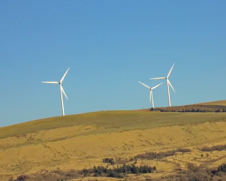 Three white windmills on green field under blue sky