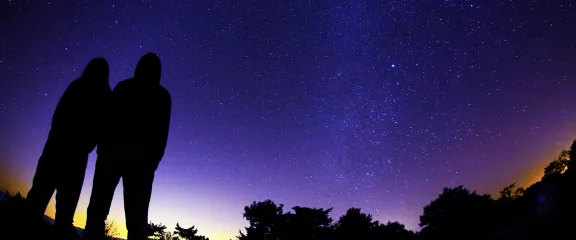 The silhouettes of two people looking up into a starry night sky