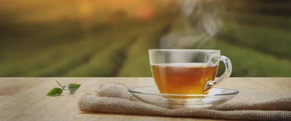 A cup of tea and tea leaf on an outside table set against the backdrop of the sun rising over a hillside tea plantation