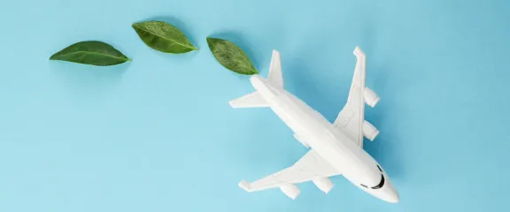 A white paper model of an aeroplane against a blue background. Behind it are a trail of three green leaves.