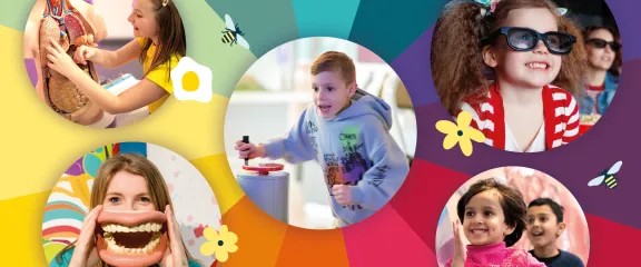 bright and colourful image filled with photographs of children enjoying the science centre