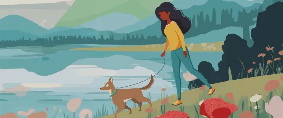 An illustrated woman walks a dog alongside a lochside