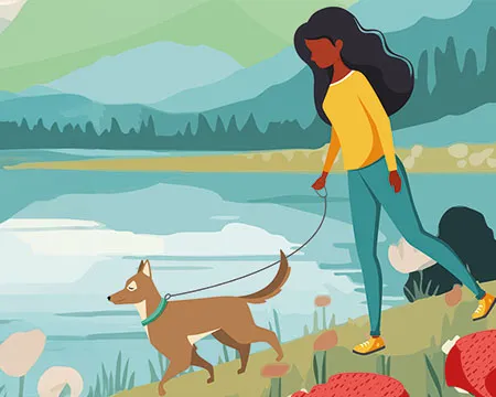 An illustrated woman walks a dog alongside a lochside