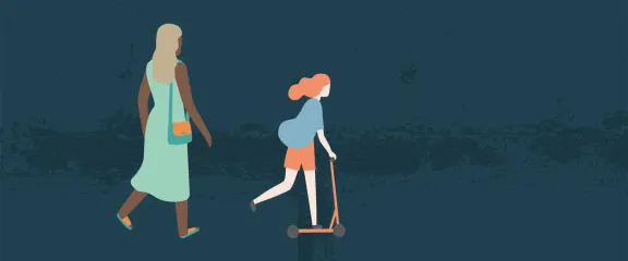 An illustration of a woman walking and a young girl on a scooter