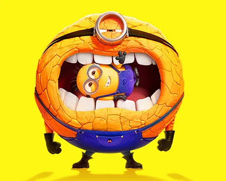 Despicable Me 4 - a minion in the wide-open mouth of a giant minion