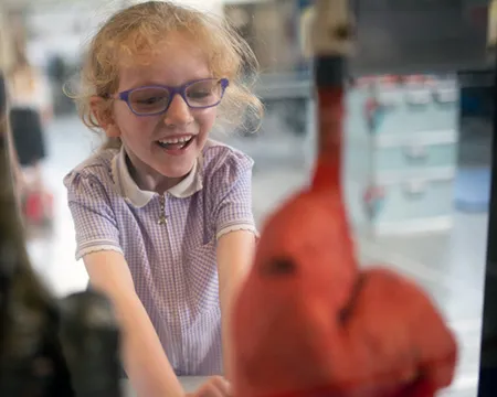 A pupil smiles as they inflate a lung exhibit