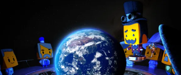 An animated humanoid looks down from space on planet Earth