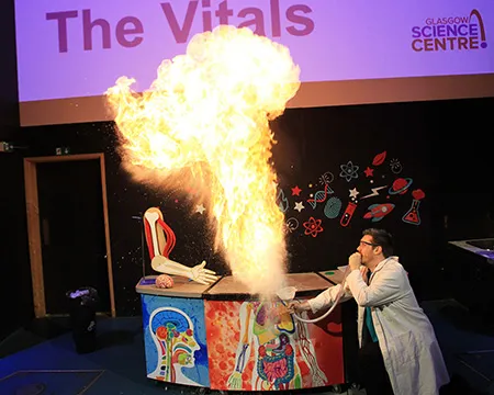 A fiery demonstration in the Science Show Theatre during BodyWorks The Vitals