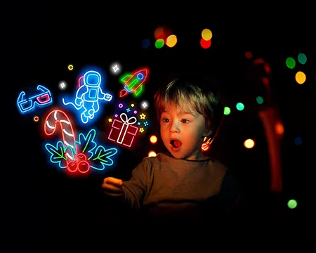 child looking surprised, excited and looking at neon light icons of astronauts, rockets, and presents