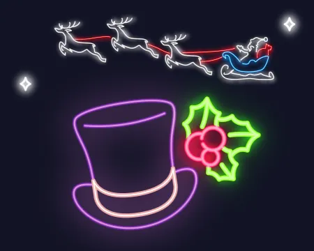 Neon light illustration of santa's sleigh and a top hat with holly