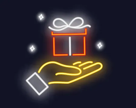 Neon light illustration of a hand holding a wrapped gift