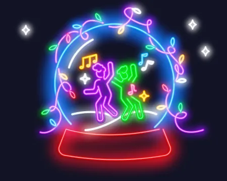 Neon light illustration of people dancing in a snowglobe