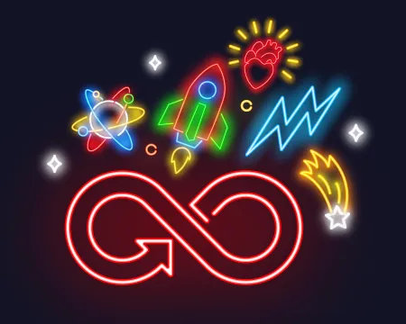 Neon light illustration of an infinity symbol and science symbols