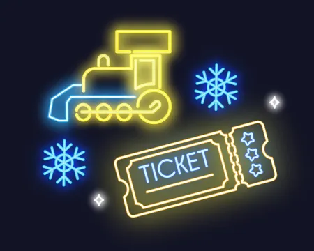 Neon light illustration of a train and a cinema ticket