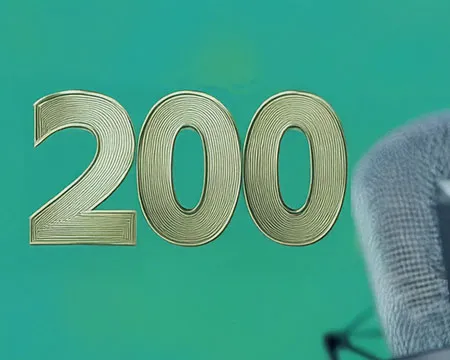 The number 200 in gold alongside a microphone