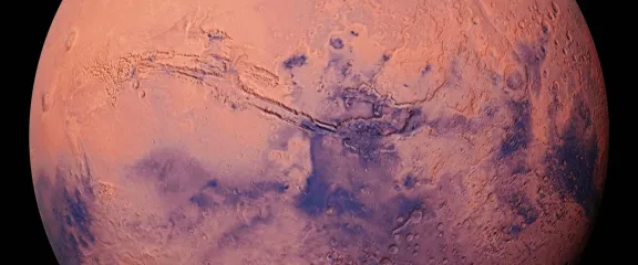 Scars on the surface of planet Mars appear as dark canyons against a lighter, red-coloured landscape.