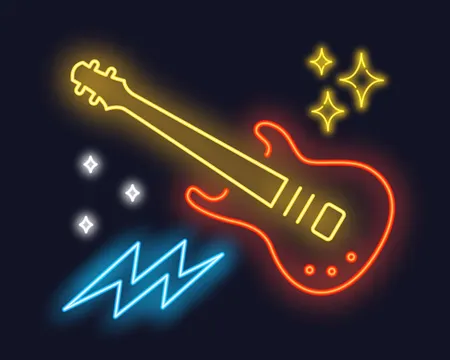 An electric guitar in neon lights surrounding by stars and lightening.