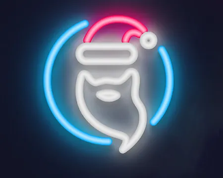 A neon Santa hat and beard surrounded by a blue circle against a dark background.