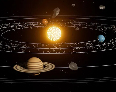 A close up of the solar system with the sun in the center and planet saturn