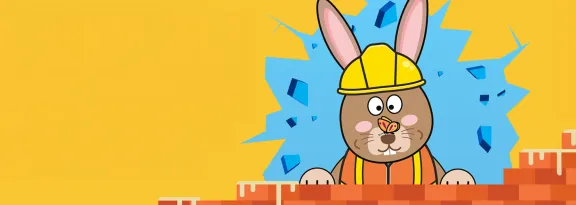 Cartoon rabbit wearing a hard hat and a hi-vis vest is building a wall