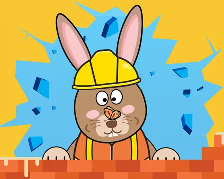 Cartoon rabbit wearing a hard hat and a hi-vis vest is building a wall