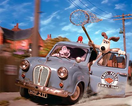 Wallace and Gromit give chase in a high speed anti-pesto van